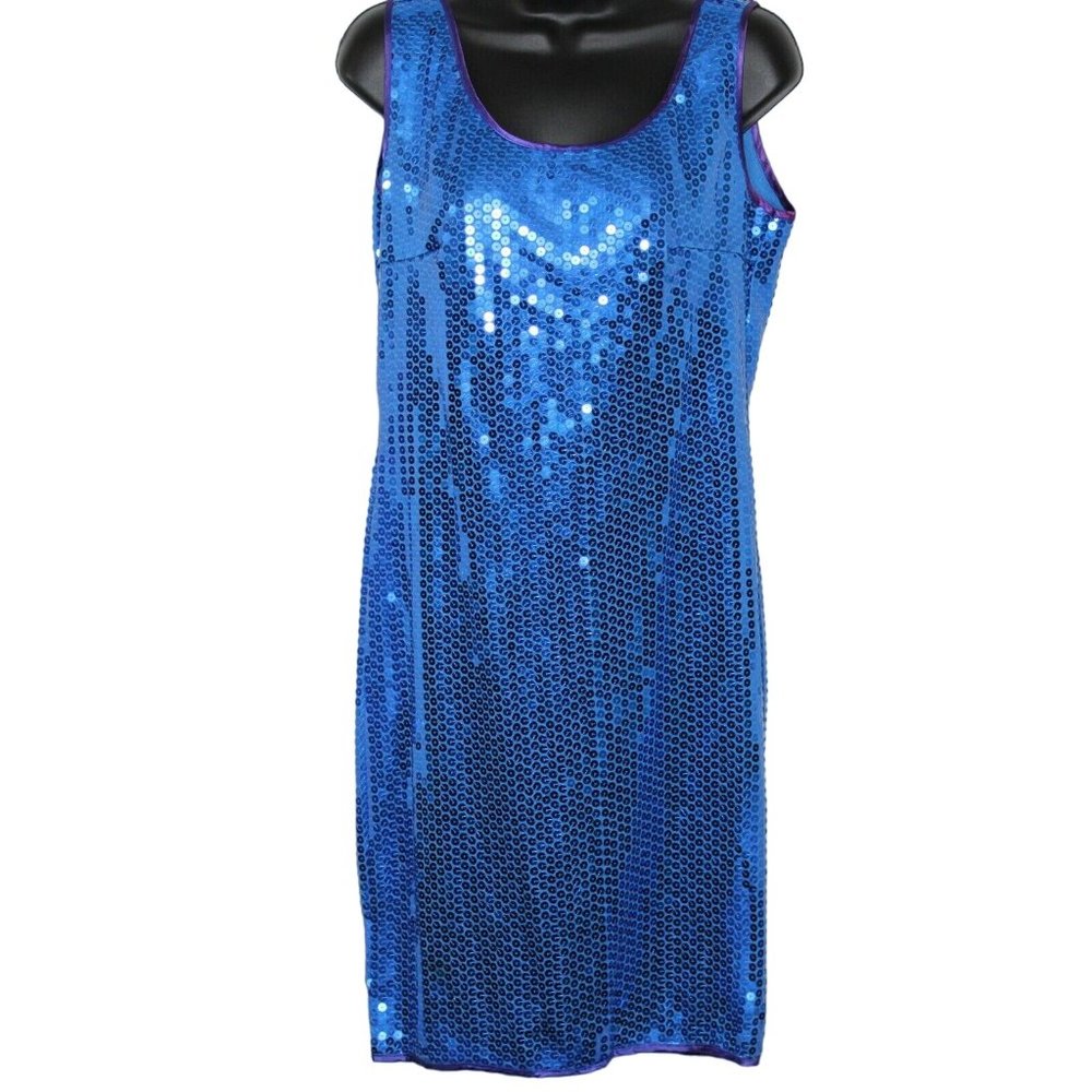 Claudine Bueche Sz 14 Blue Sequin Bling Scoop Open Back Sleeveless Formal Dress